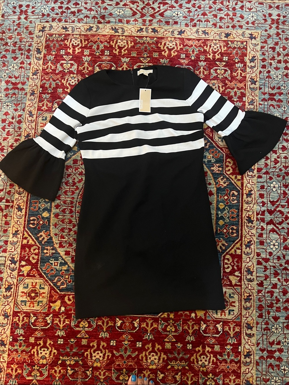 Michael Kors Black and White Striped Bell-Sleeve Mini Dress
